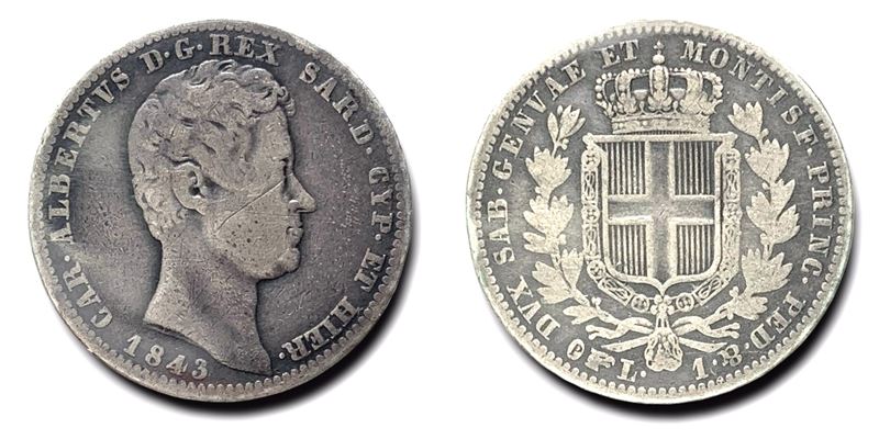 Regno di Sardegna. Torino. Carlo Alberto (1831-1849). 1 Lira 1843. Ag