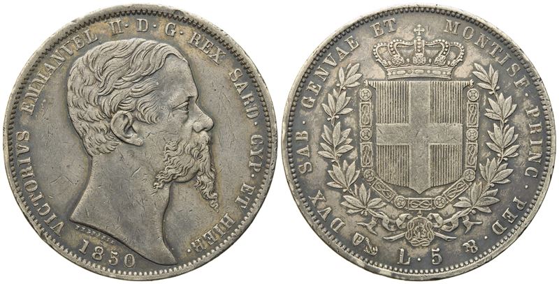 Regno di Sardegna. Genova. Vittorio Emanuele II (1849-1861). 5 Lire 1850. Ag (37,40 MM; 24,94 G)