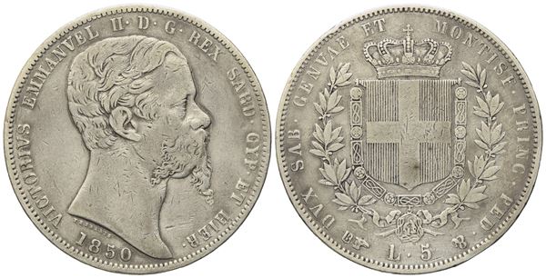 REGNO DI SARDEGNA. Torino. Vittorio Emanuele II (1849-1861). 5 Lire 1850. Ag (24,94 g; 37,40 mm)   - Asta Monete e medaglie medievali e moderne italiane ed estere - Bertolami Fine Art - Casa d'Aste