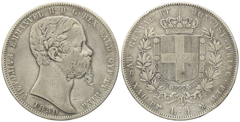 Regno di Sardegna. Torino. Vittorio Emanuele II (1849-1861). 5 Lire 1850. Ag (24,94 G; 37,40 MM)