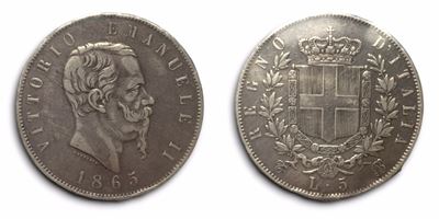 Regno D'italia. Torino. Vittorio Emanuele II (1861-1878). 5 Lire 1865. Ag