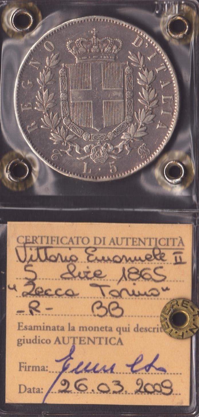 Regno D'italia. Torino. Vittorio Emanuele II (1861-1878). 5 Lire 1865. Ag