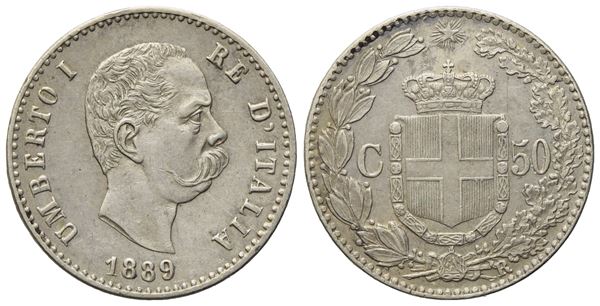 REGNO D'ITALIA. Umberto I (1878-1900). 50 centesimi 1889. Ag (2,51 g; 18,21 mm)   - Asta Monete e medaglie medievali e moderne italiane ed estere - Bertolami Fine Art - Casa d'Aste