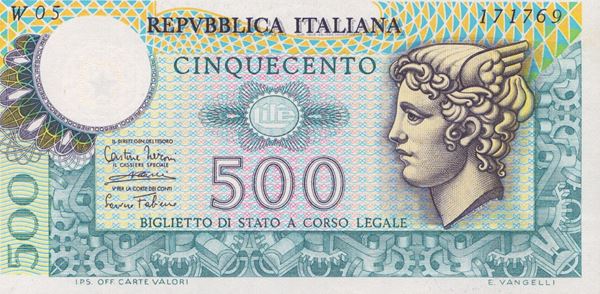 REPUBBLICA ITALIANA. 500 Lire "Mercurio" (1974). Serie sostitutiva "W"