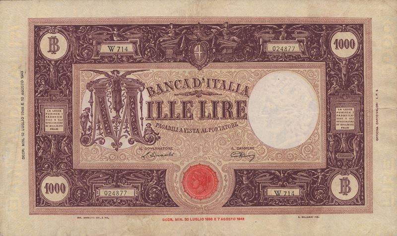 Repubblica Italiana. 1000 Lire "grande M - b.I." 12-07-1946