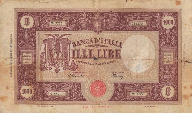 Repubblica Italiana. 1000 Lire "grande M - Medusa". 14-04-1948