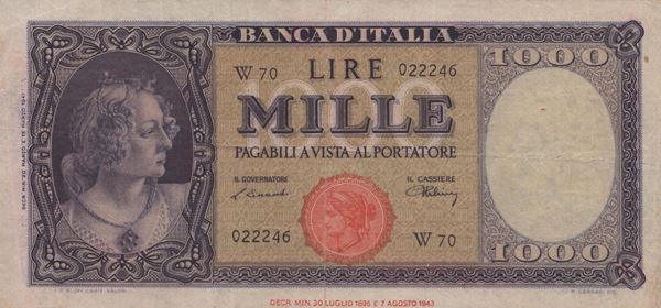 REPUBBLICA ITALIANA. 1000 Lire "Italia - Testina" (1947). Serie sostitutiva "W"