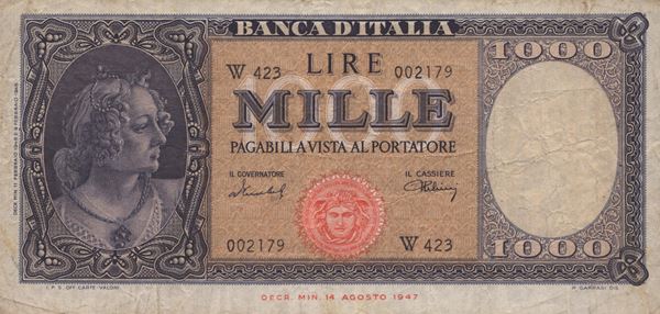 REPUBBLICA ITALIANA. 1000 Lire "Italia - Medusa" (1949). Serie sostitutiva "W"