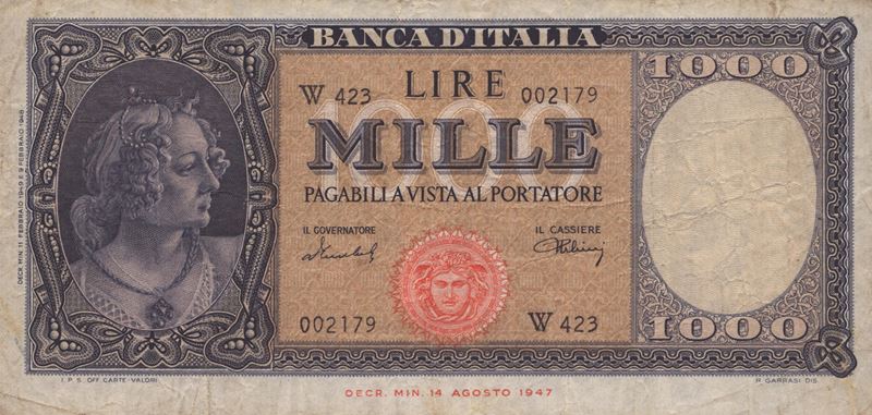 Repubblica Italiana. 1000 Lire "italia - Medusa" (1949). Serie Sostitutiva "w"