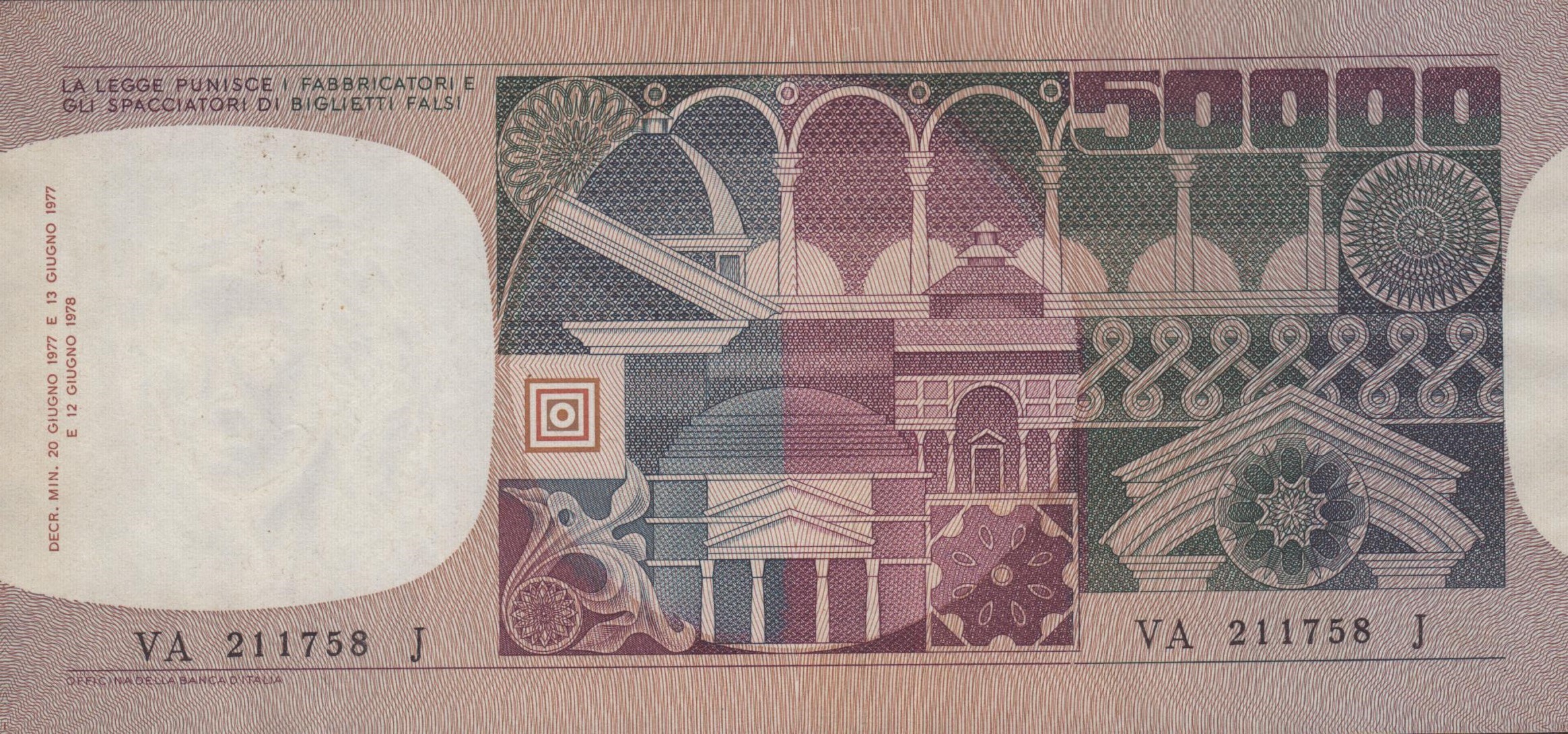 Repubblica Italiana. 50000 Lire "volto di Donna" 12-06-1978 (tre Decreti)