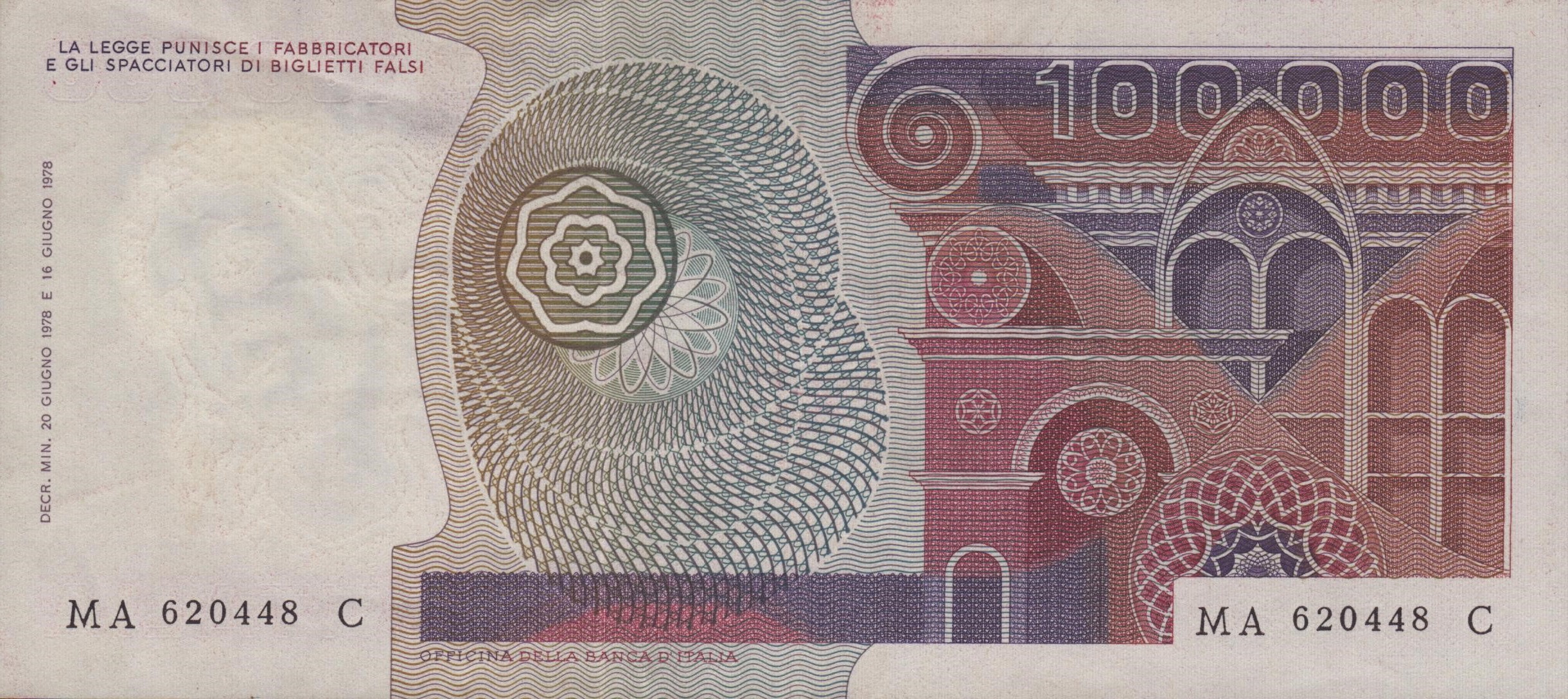 Repubblica Italiana. 100000 Lire "primavera di Botticelli" 20-06-1978