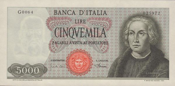 REPUBBLICA ITALIANA. 5000 Lire "Colombo - I tipo". 04-01-1968