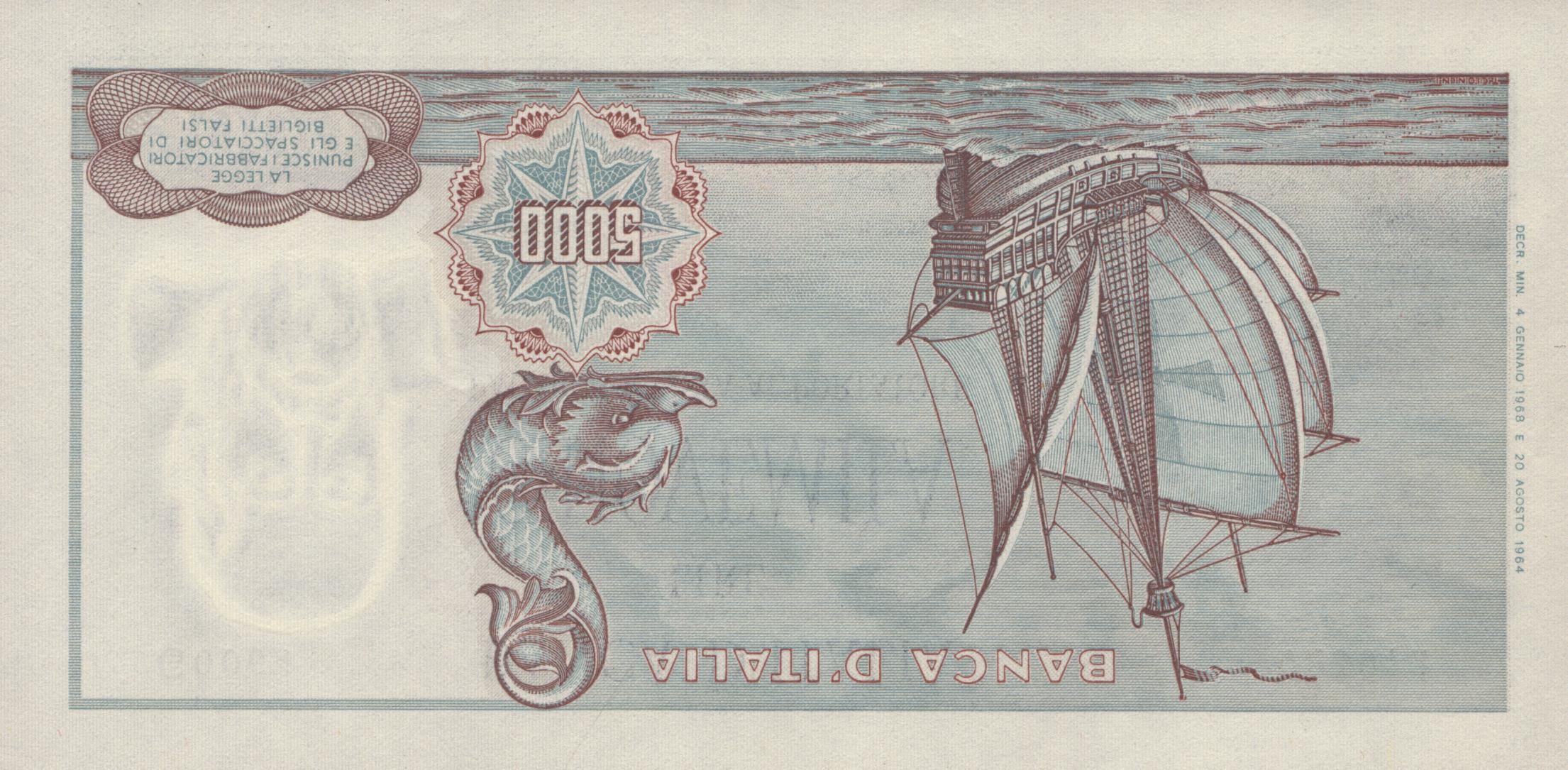 Repubblica Italiana. 5000 Lire "colombo - i Tipo". 04-01-1968