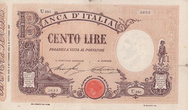 REGNO D'ITALIA. Vittorio Emanuele III (1900-1943). 100 Lire "Matrice - Decreto" 09-09-1922