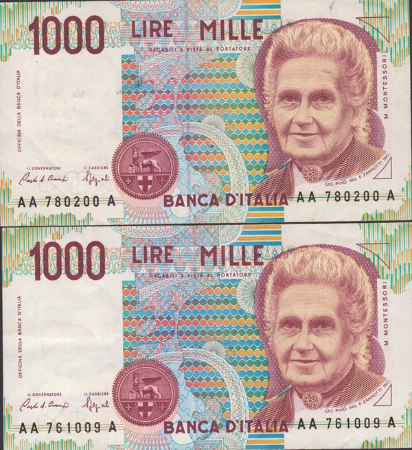 REPUBBLICA ITALIANA. 1000 "Maria Montessori" 21-10-1990. Tripla A, lotto di due esemplari