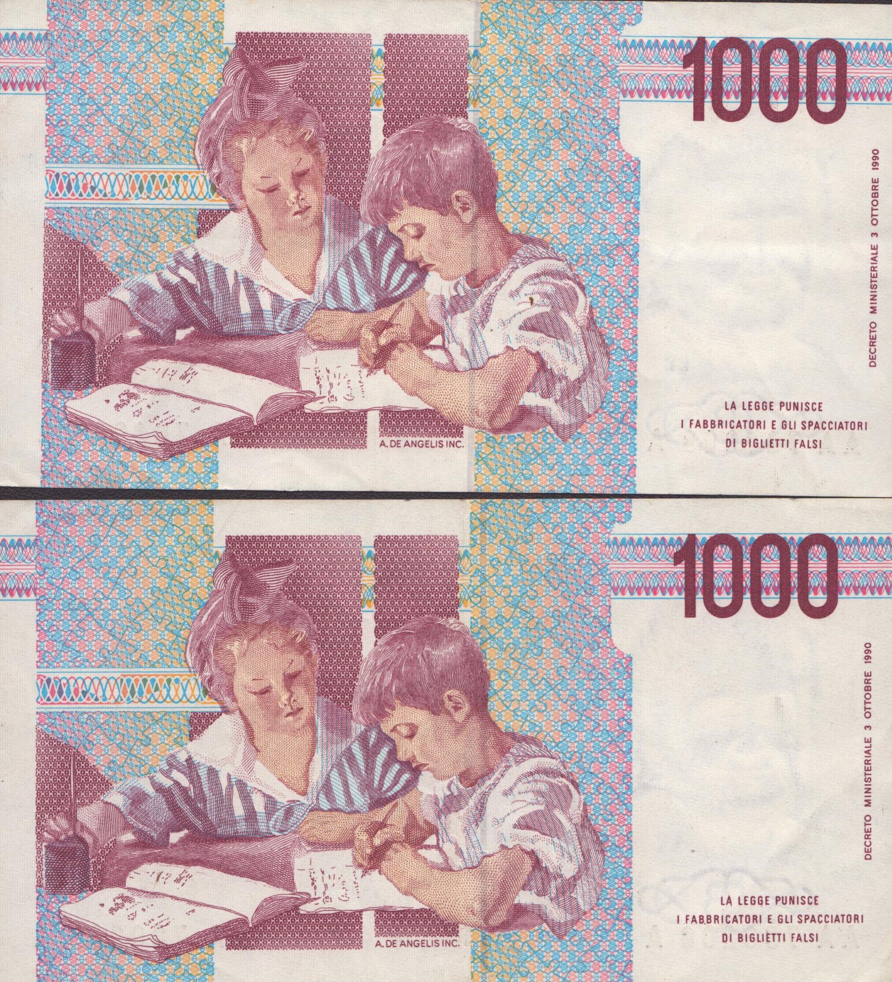 Repubblica Italiana. 1000 "maria Montessori" 21-10-1990. Tripla A, Lotto di Due Esemplari