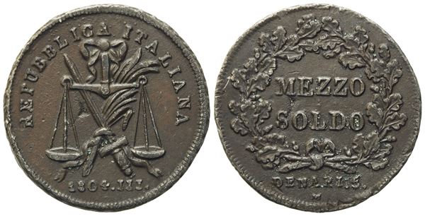 MILANO. Prima Repubblica Italiana (1802-1805). Mezzo soldo da 5 Denari. Progetto. Cu (23,36 mm; 5,71 mm)   - Asta Monete e medaglie medievali e moderne italiane ed estere - Bertolami Fine Art - Casa d'Aste