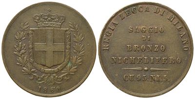 Regno D'italia. Milano. Vittorio Emanuele II Re Eletto (1859-1861). Saggio di Bronzo Nichelifero ...