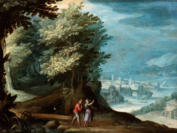 Paul Bril - Landscape with a couple of travellers and a small town in the background