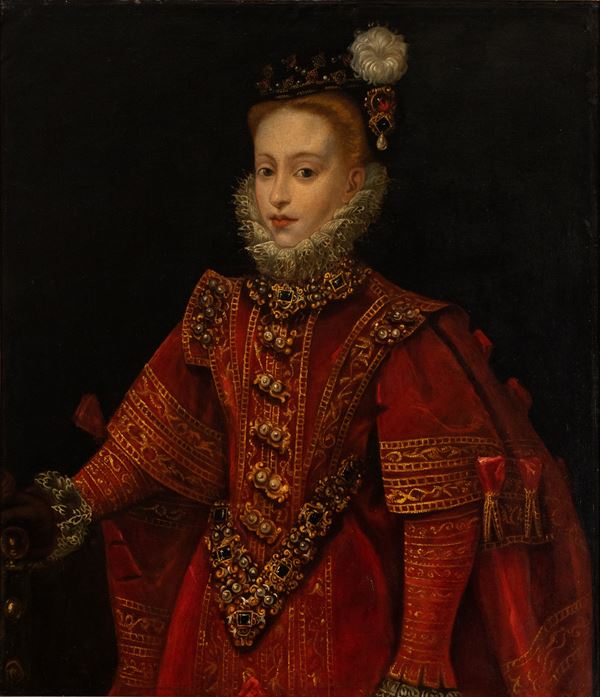 Artista spagnolo, prima met&#224; del XVII secolo - Portrait of a lady in a red dress and hat with pearl