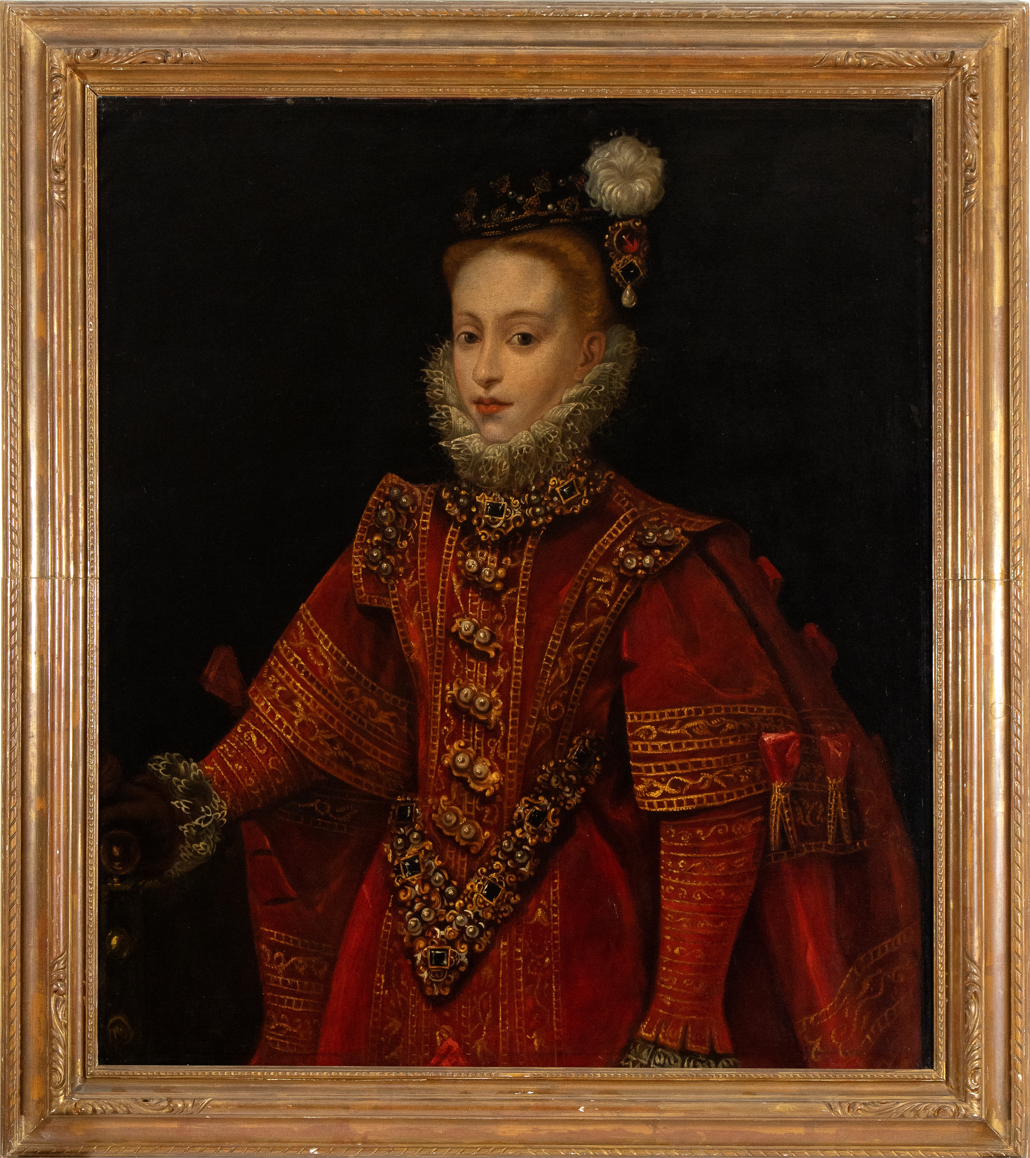 Artista Spagnolo, Prima Metà del XVII Secolo - Ritratto di Dama con Vestito Rosso e Cappello con ...