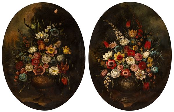 Artista italiano, XIX secolo - a) Bouquet of flowers in a metal vase; b) Bouquet of flowers in a metal vase. Pair of paintings