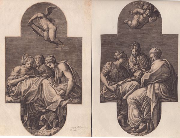 Giorgio Ghisi detto il Mantovano (1520-1582) : Three Muses and a Putto with a Lyre | Three Muses and a Gesticulating Putto:  - Auction Old and Modern Prints, Drawings and Maps - Bertolami Fine Art - Casa d'Aste