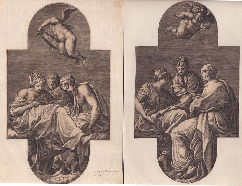 Giorgio Ghisi Detto il Mantovano (1520-1582) - Tre Muse e un Putto con Lira | Tre Muse e un Putto...