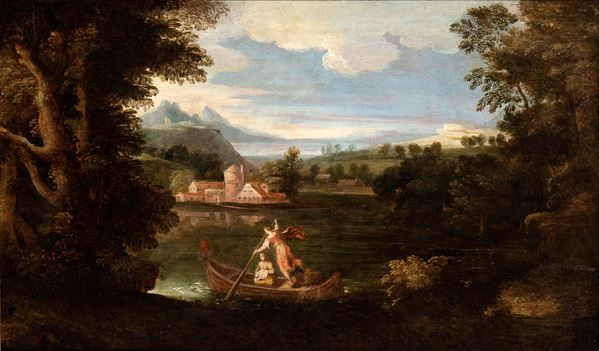 Artista attivo a Roma, XVII secolo - River landscape with boat and two figures 