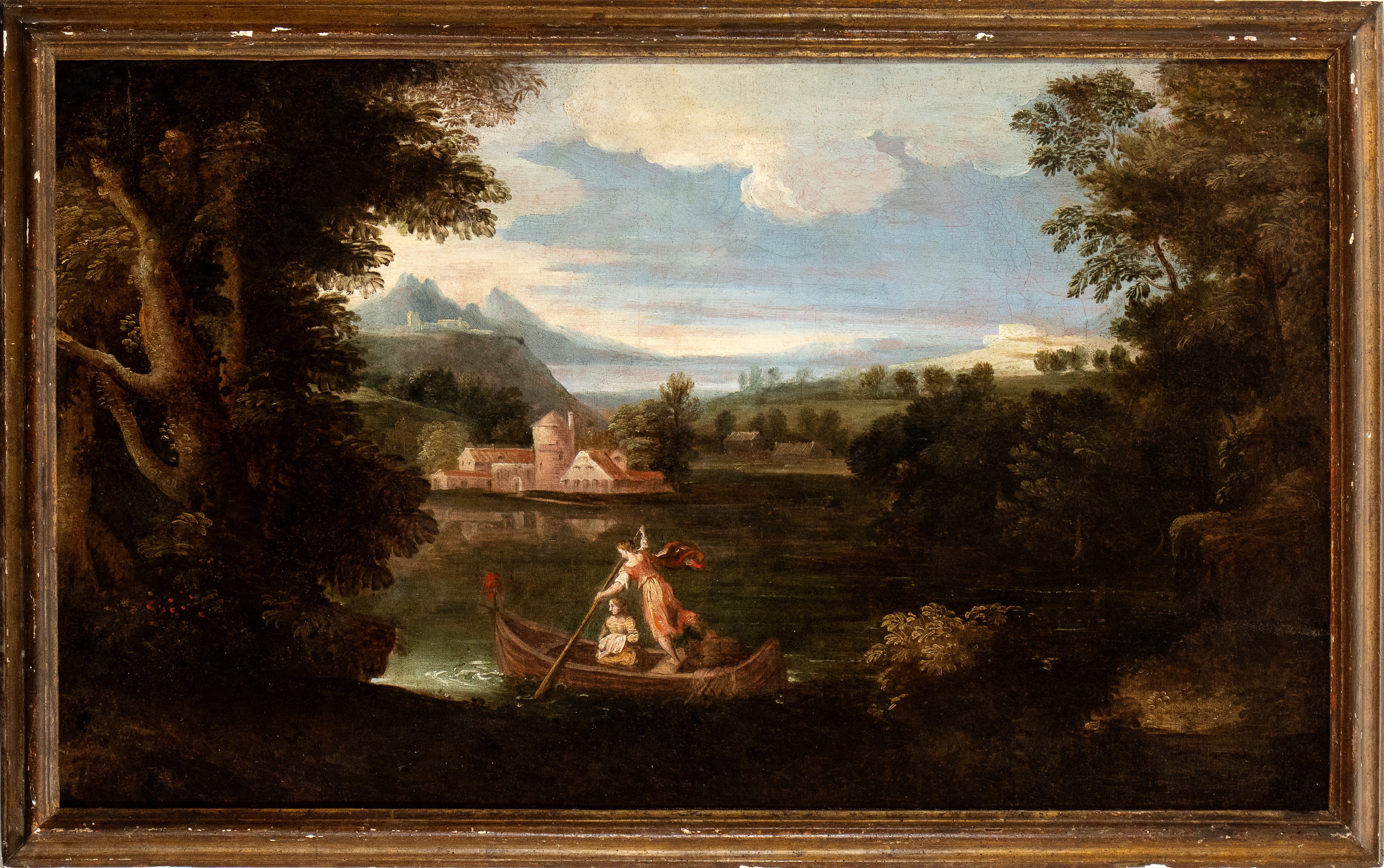 Paesaggio fluviale con barca e due figure