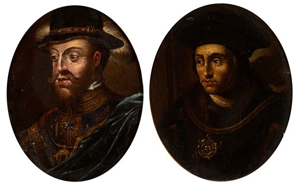 Artista fiammingo, XVII secolo - a) Manly portrait with hat and feather; b) Manly portrait with hat, necklace and medallion. Pair of paintings