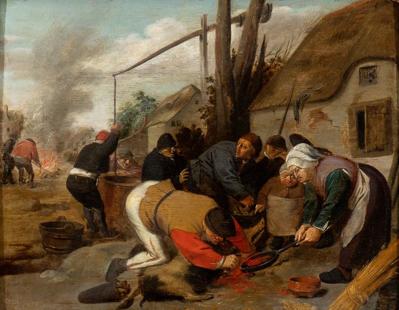 Artista Fiammingo, XVII Secolo - L'uccisione del Maiale