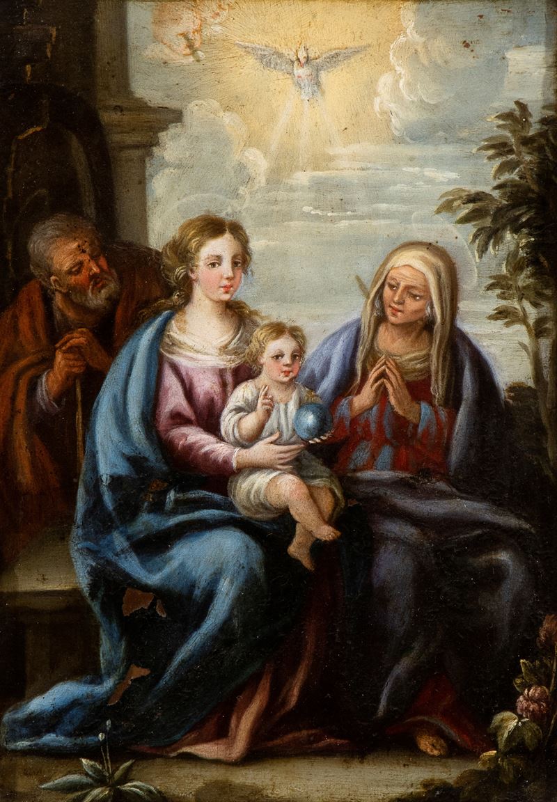 Artista Centro-italiano, XVII Secolo - Sacra Famiglia con Sant'anna e lo Spirito Santo