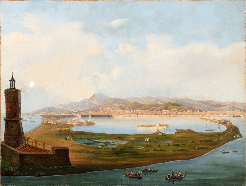 Artista Attivo in Sicilia, XVIII Secolo - Veduta di Messina con i Laghi di Ganzirri