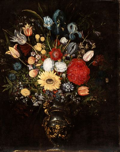 Vaso di Fiori Entro Vaso Metallico con Mascherone