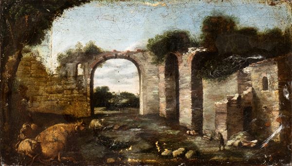 Filippo Teodoro Di Liagno Filippo Napoletano - Landscape with ruins, shepherds and herds