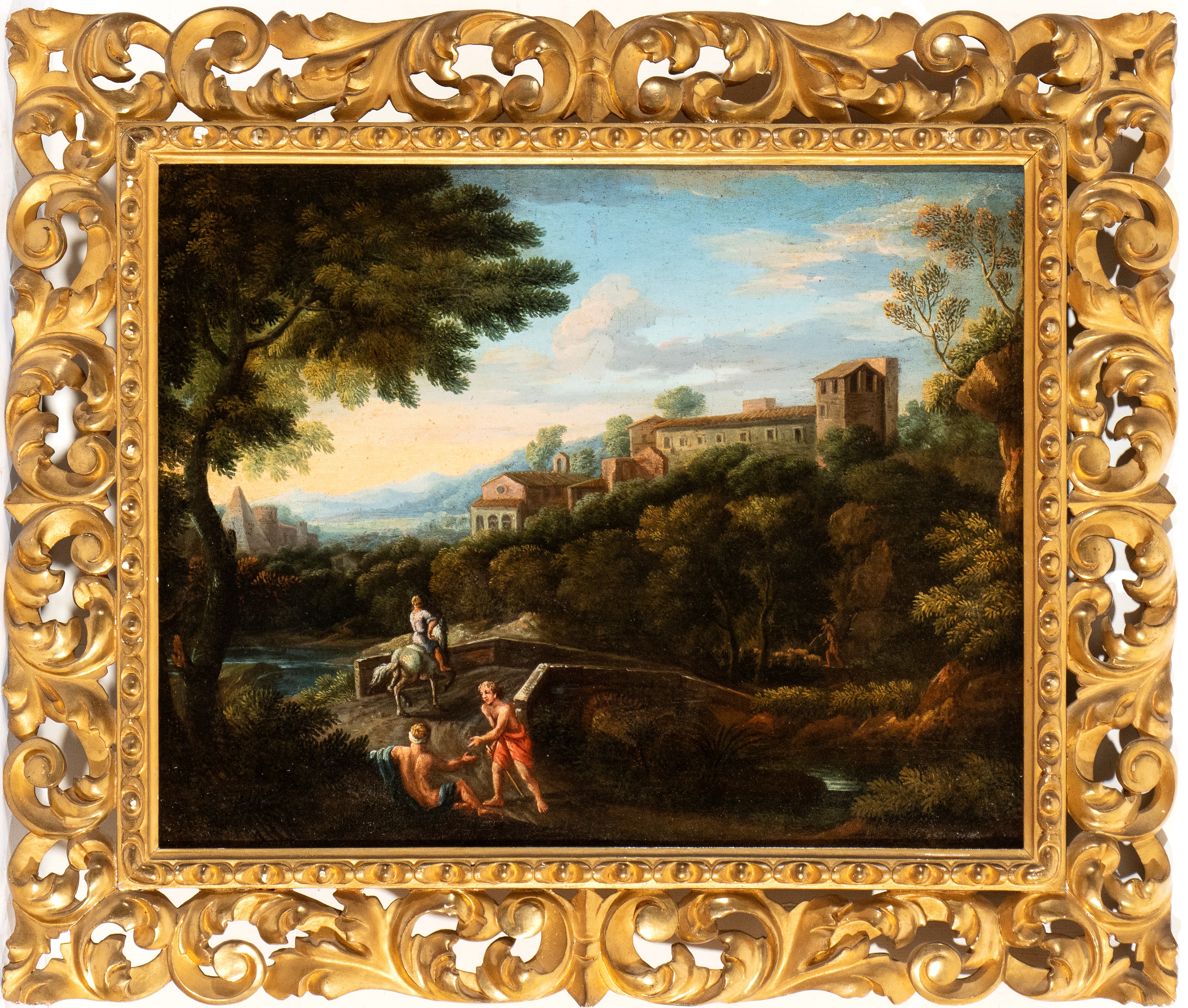 Artista Attivo a Roma, Prima Metà XVIII Secolo - Paesaggio con Ponte, Cavaliere e Due Figure