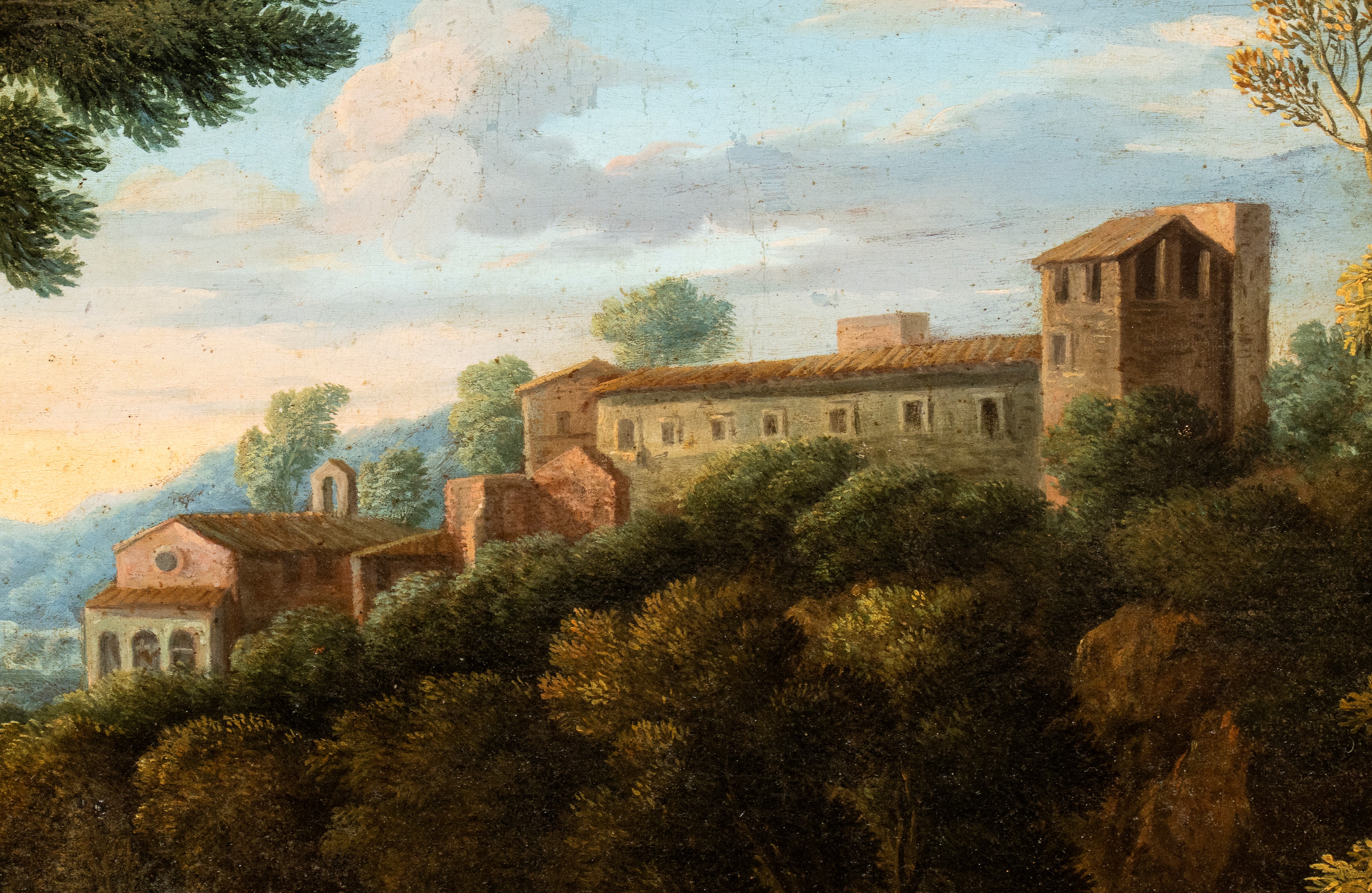 Artista Attivo a Roma, Prima Metà XVIII Secolo - Paesaggio con Ponte, Cavaliere e Due Figure