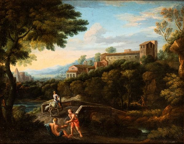 Artista attivo a Roma, XVIII secolo - Landscape with sheet of water, bathers and village in the background