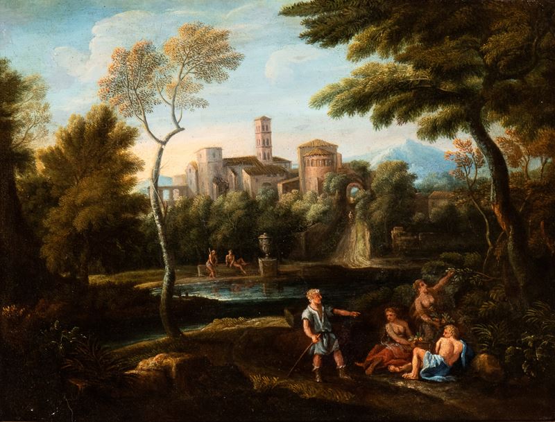 Artista Attivo a Roma, XVIII Secolo - Paesaggio con Specchio D'acqua, Bagnanti e Borgo sullo Sfon...