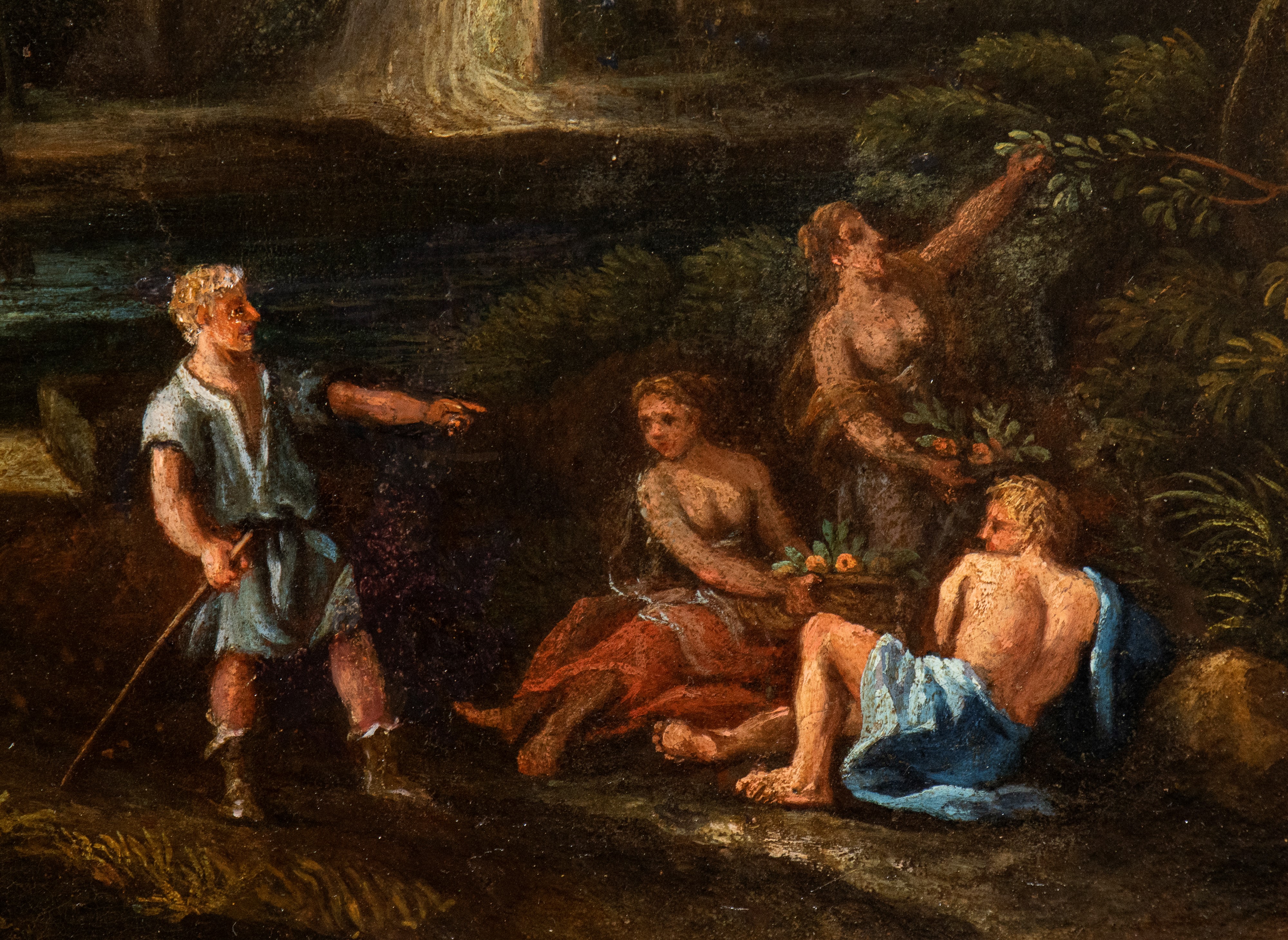 Artista Attivo a Roma, XVIII Secolo - Paesaggio con Specchio D'acqua, Bagnanti e Borgo sullo Sfon...