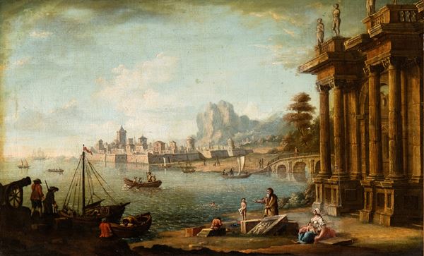 Artista napoletano, XVIII secolo - Coastal capriccio with architecture and figures