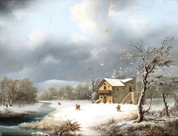 Francesco Foschi - Winter landscape with river and travellers