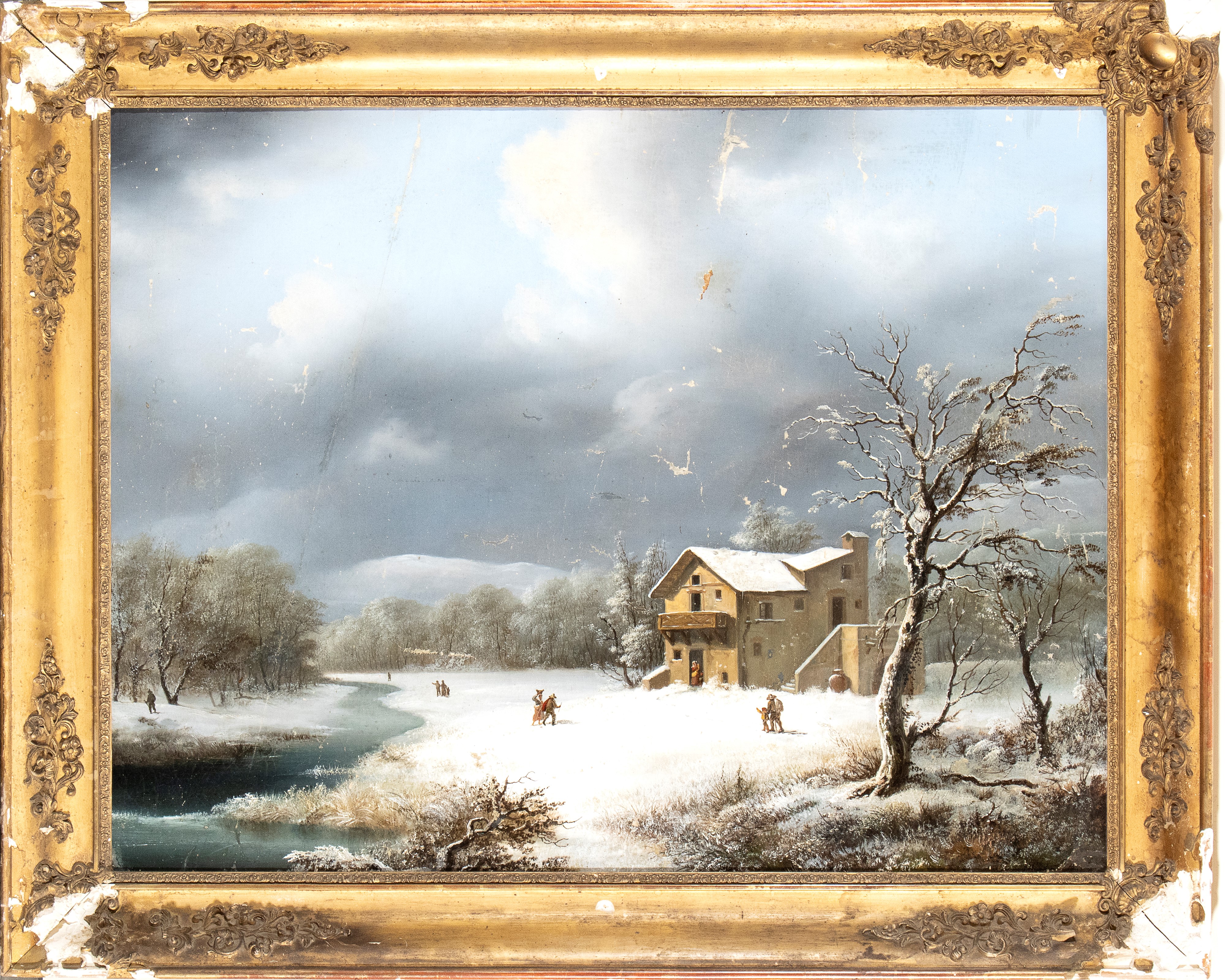 Paesaggio invernale con fiume e viandanti