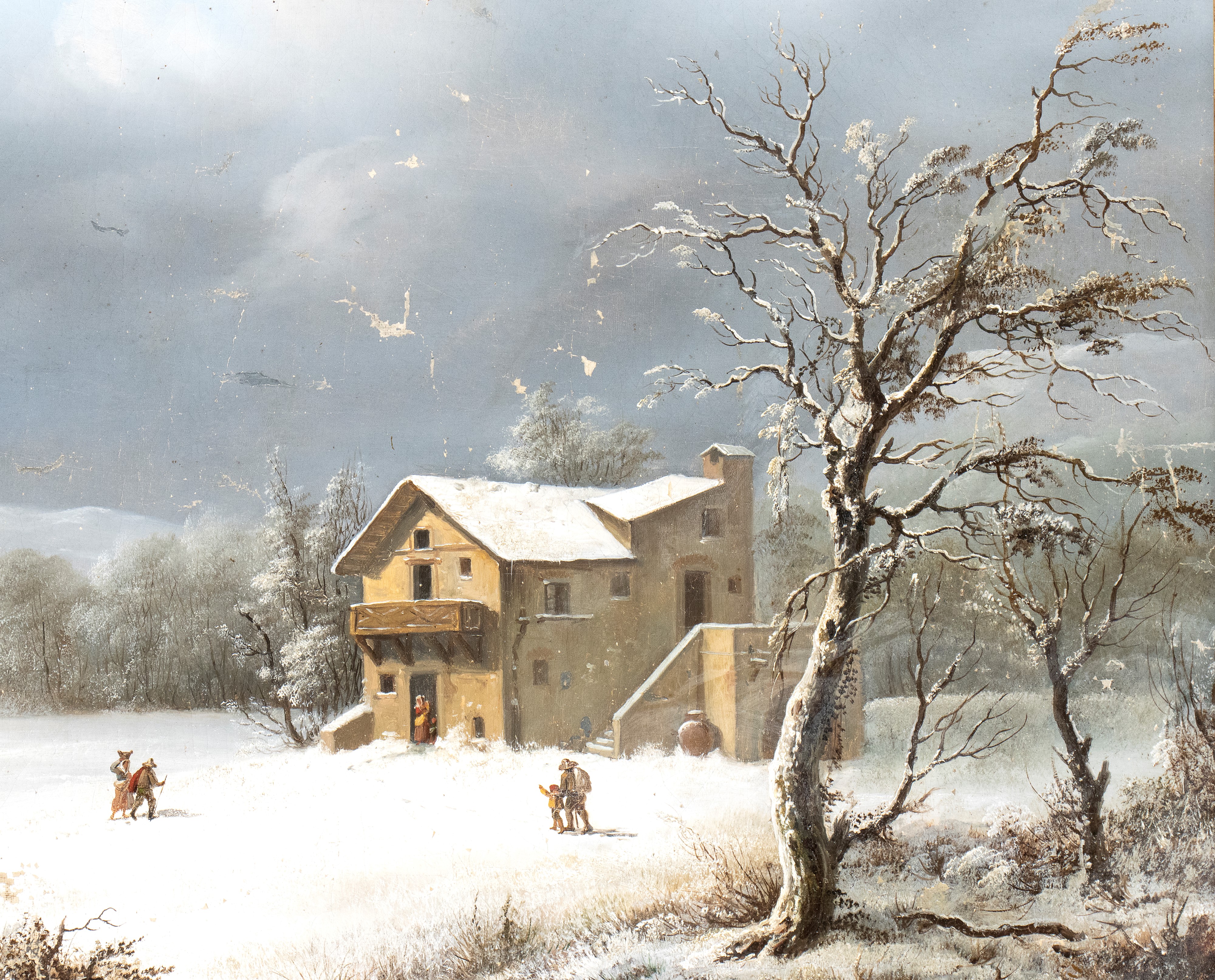 Paesaggio invernale con fiume e viandanti