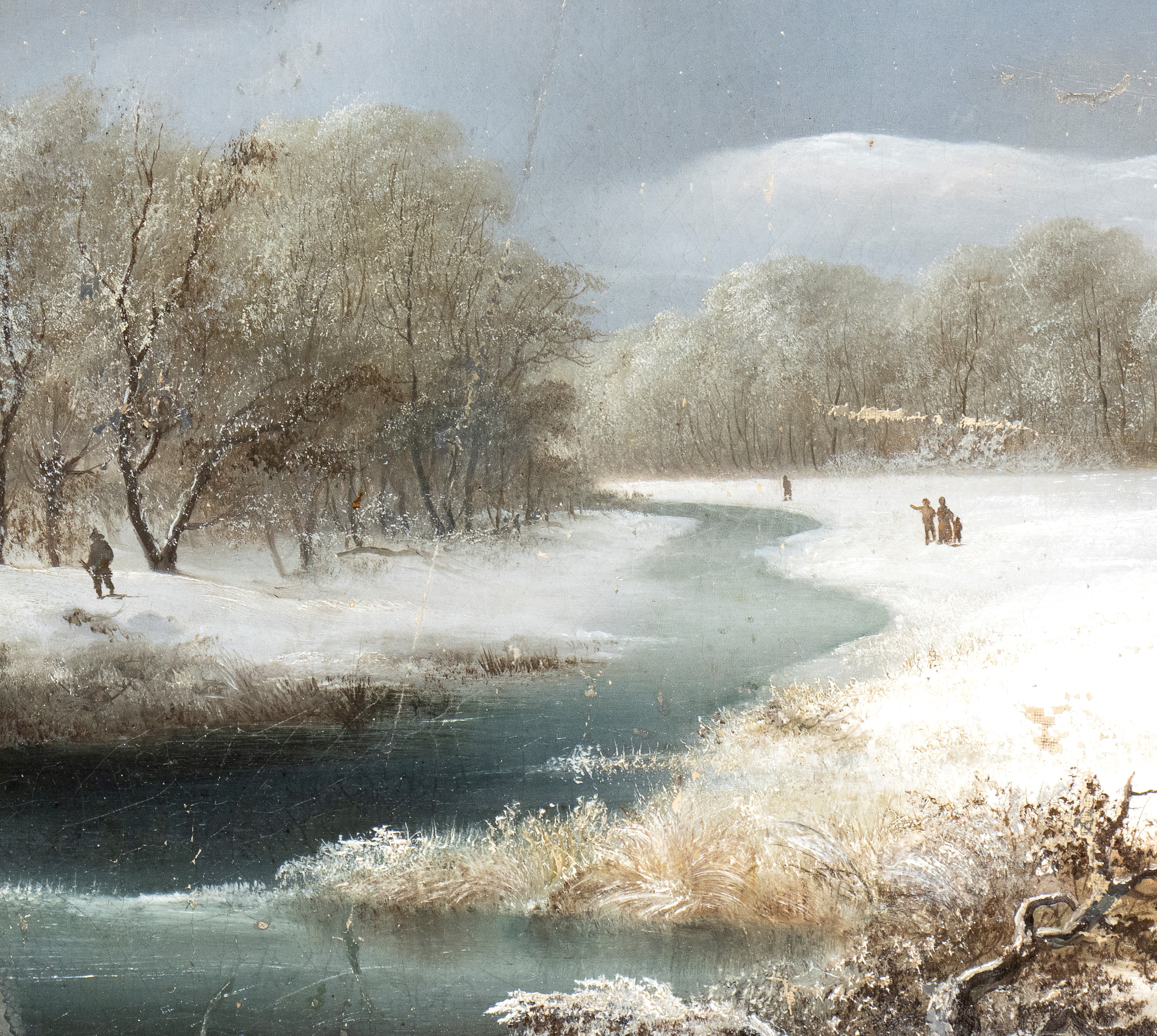 Paesaggio invernale con fiume e viandanti