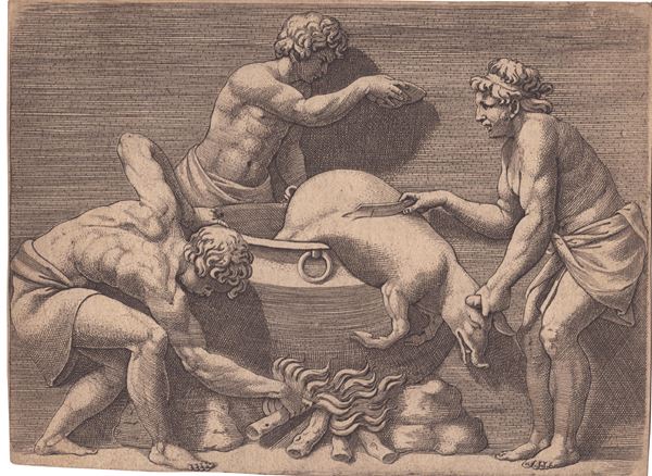 Adamo Scultori - Allegory of Autumn: Three Men Sacrificing a Pig