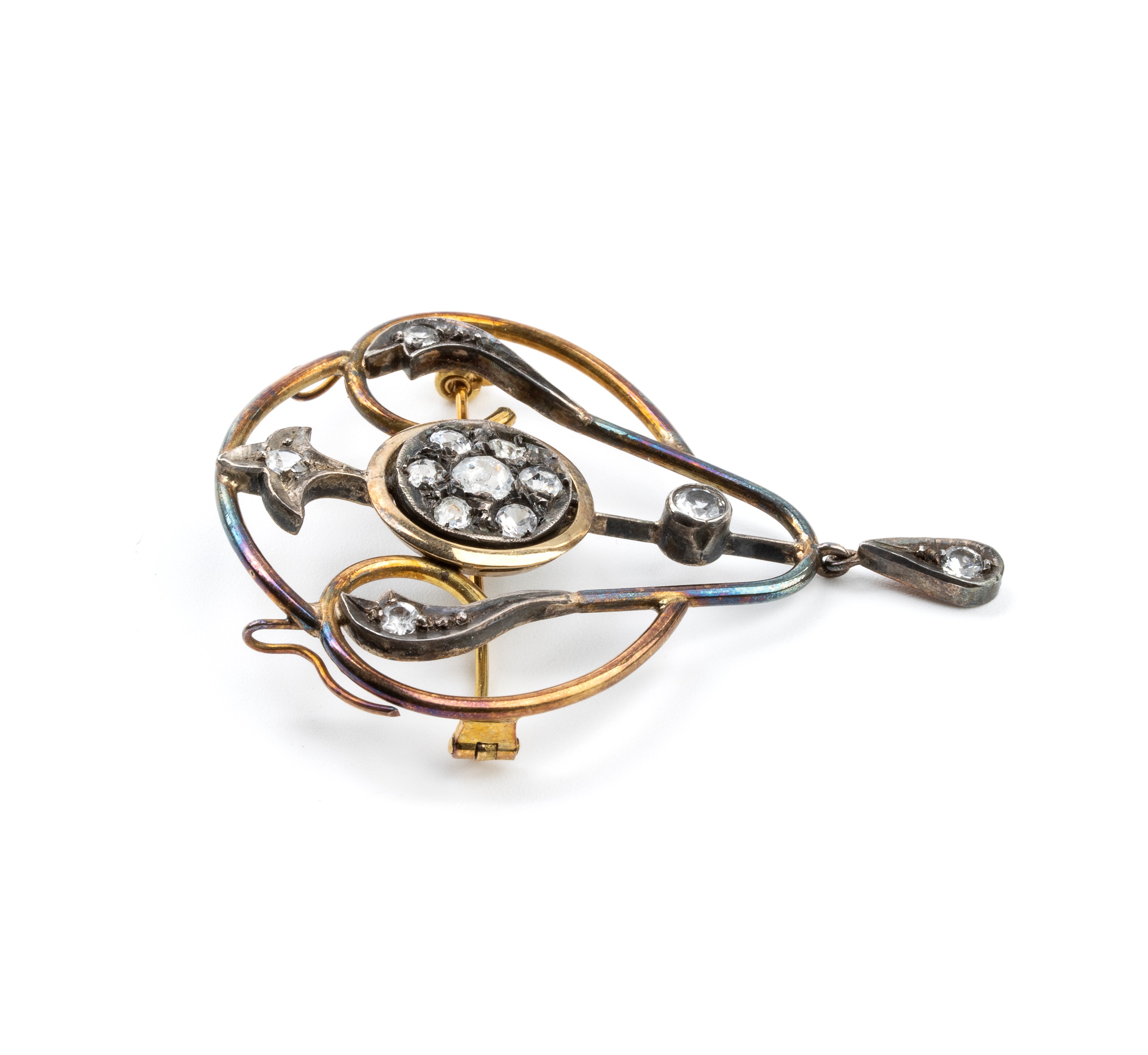 Spilla-pendente in argento, oro e paste vitree