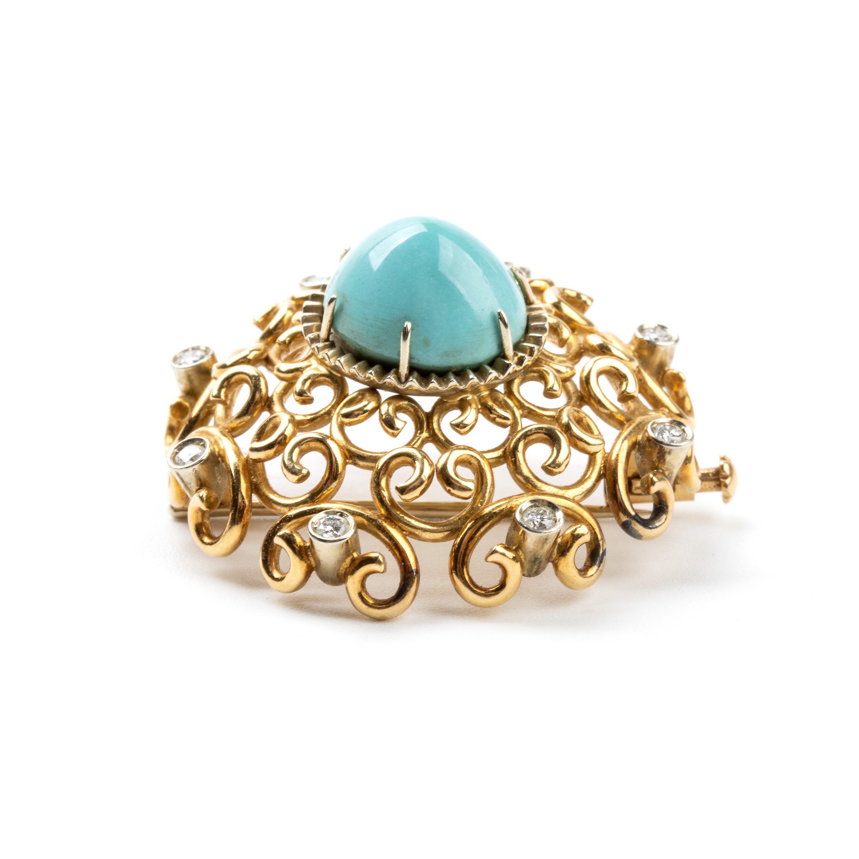 Spilla in oro, diamanti e turchese