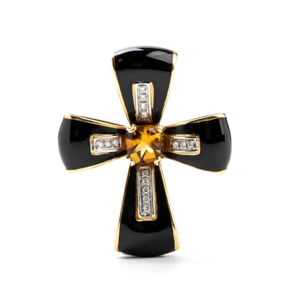 Gold Latin cross pendant with black enamel, diamonds and citrine quartz 